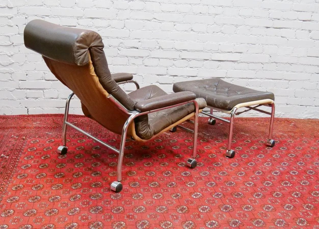 Fotel z podnóżkiem Bore, skóra naturalna brązowa, proj. N. Nakamura, Ikea, Szwecja, lata 70. - 19124