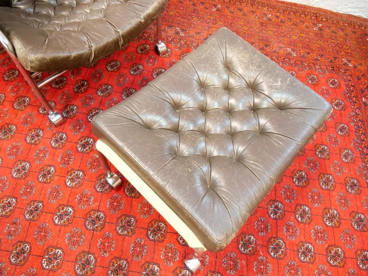 Fotel z podnóżkiem Bore, skóra naturalna brązowa, proj. N. Nakamura, Ikea, Szwecja, lata 70. - 19127