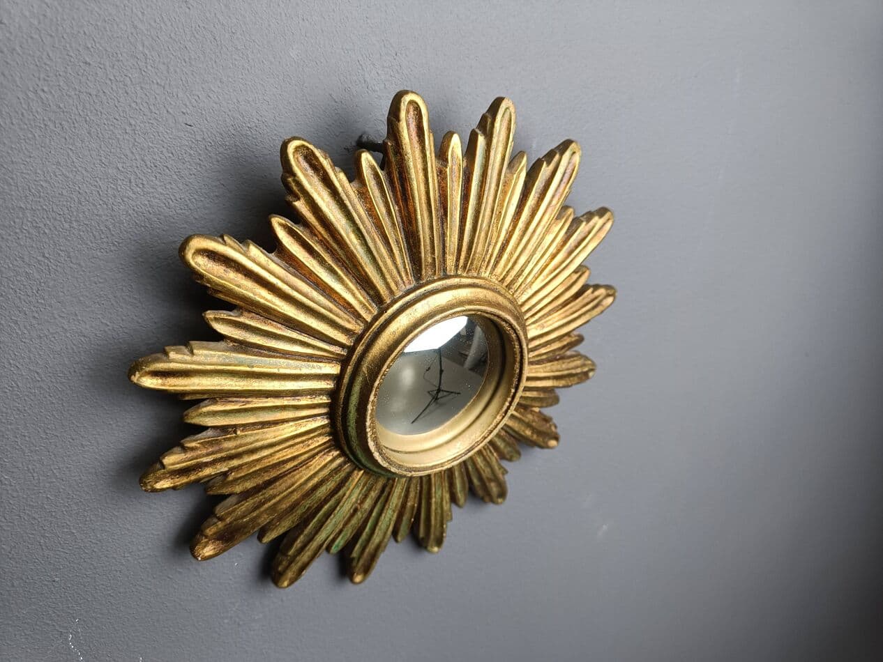 Sunburst mirror Ø28 cm, gold, glass, Belgium, 1960s. - 272590