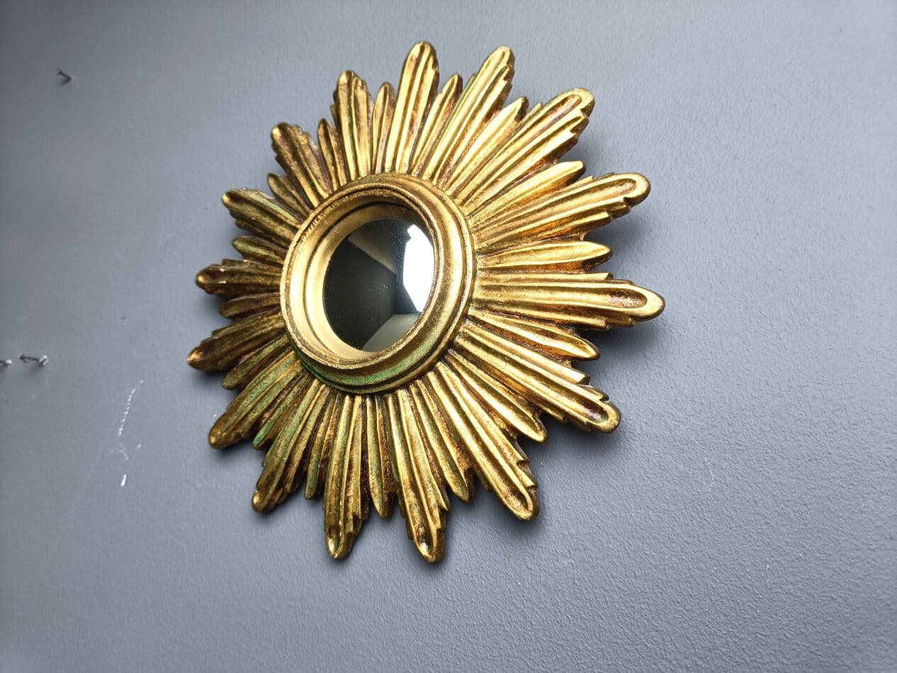 Sunburst mirror Ø28 cm, gold, glass, Belgium, 1960s. - 272596