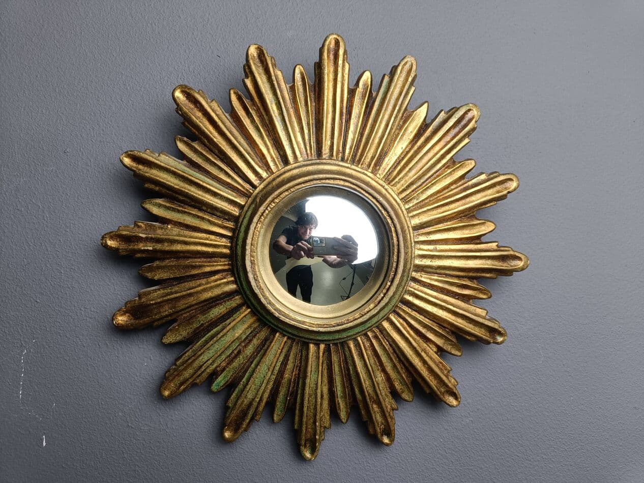 Sunburst mirror Ø28 cm, gold, glass, Belgium, 1960s. - 272597