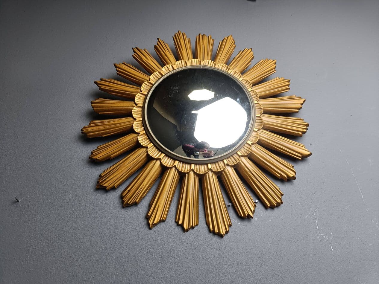 Sunburst mirror, gold, glass, Belgium, 1960s. - 272582