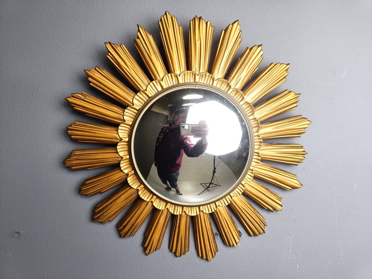 Sunburst mirror, gold, glass, Belgium, 1960s. - 272583