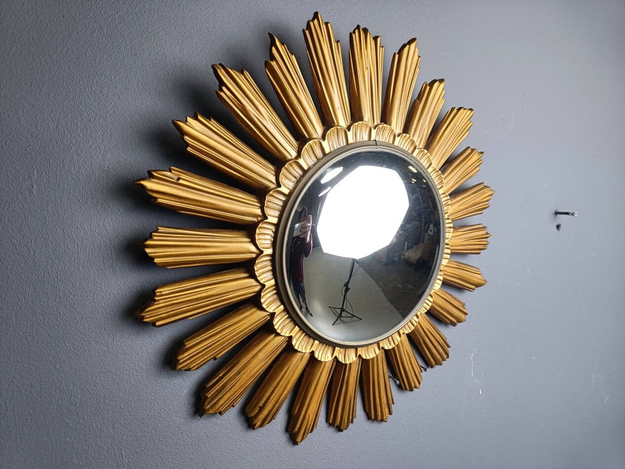 Sunburst mirror, gold, glass, Belgium, 1960s. - 272586