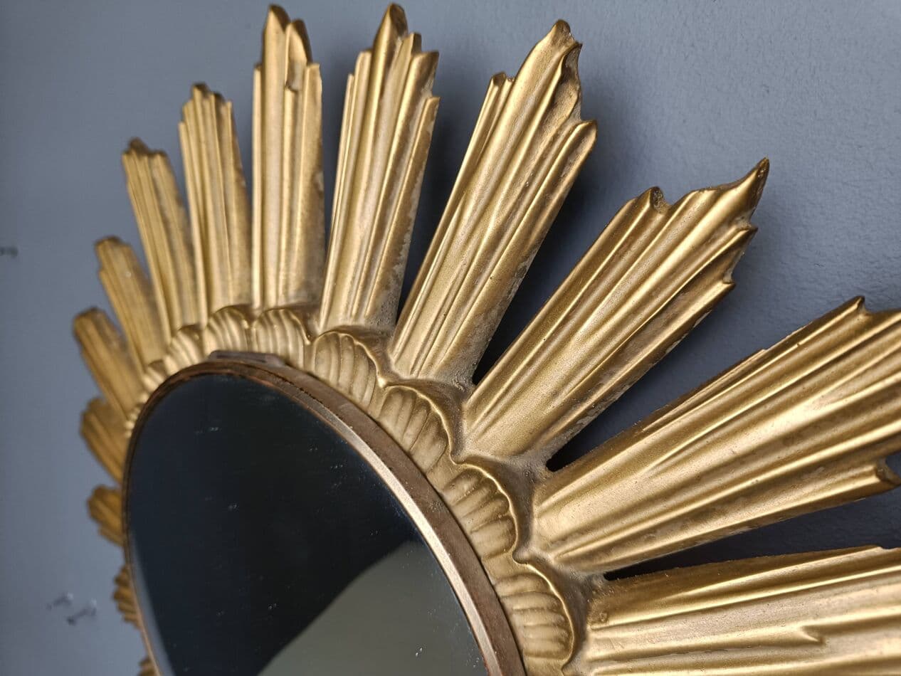 Sunburst mirror, gold, glass, Belgium, 1960s. - 272588