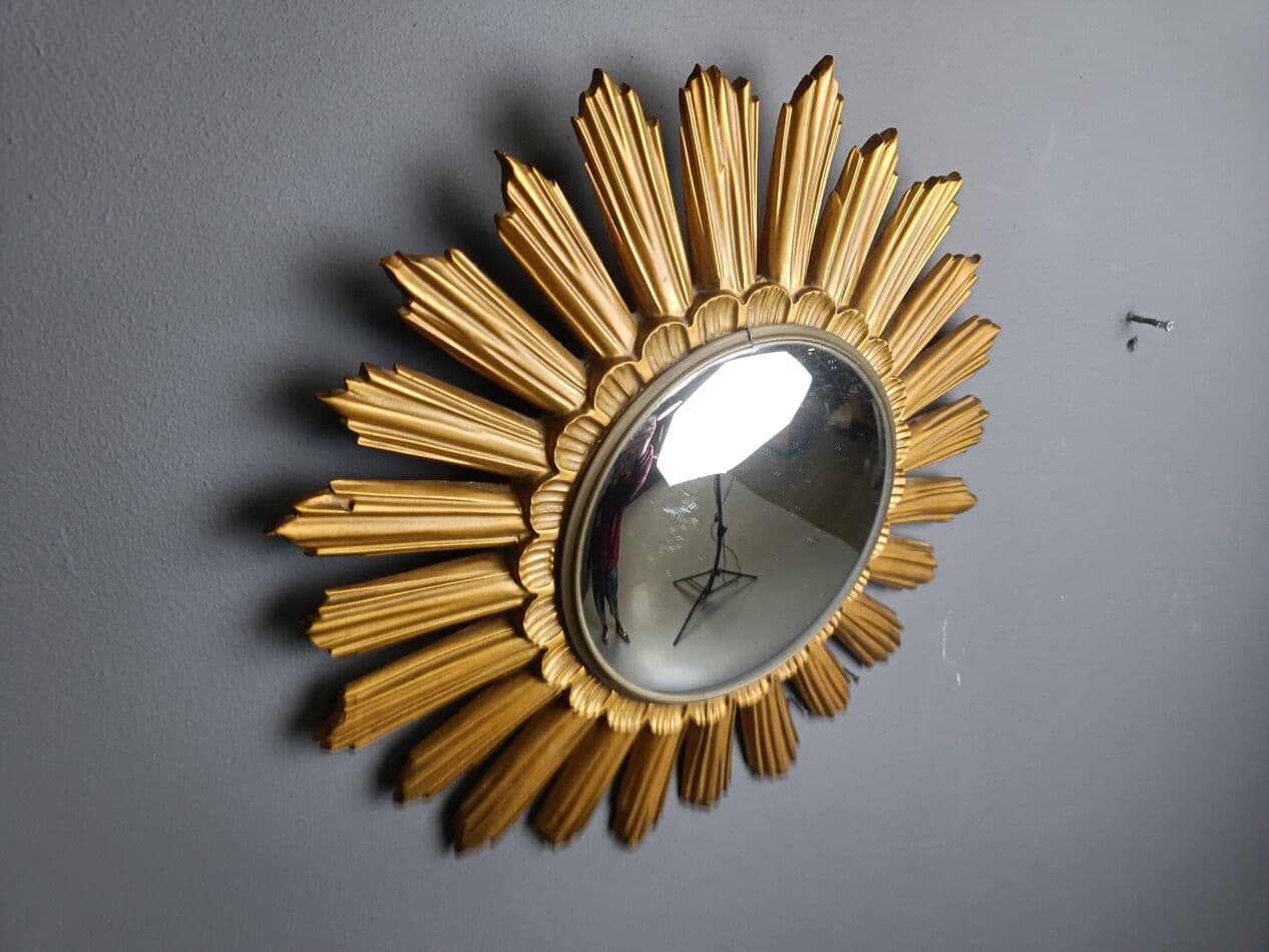 Sunburst mirror, gold, glass, Belgium, 1960s. - 272587