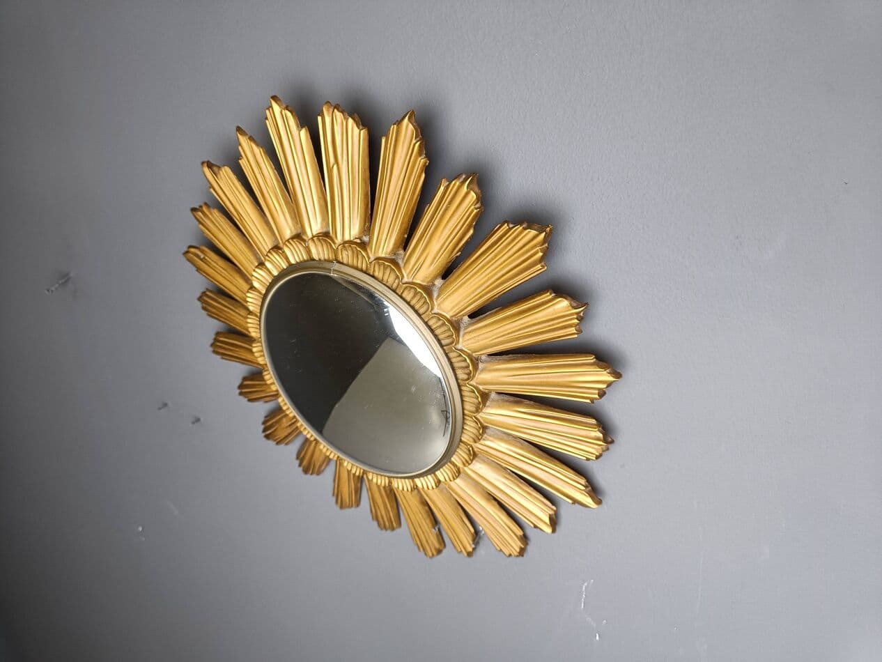 Sunburst mirror, gold, glass, Belgium, 1960s. - 272581