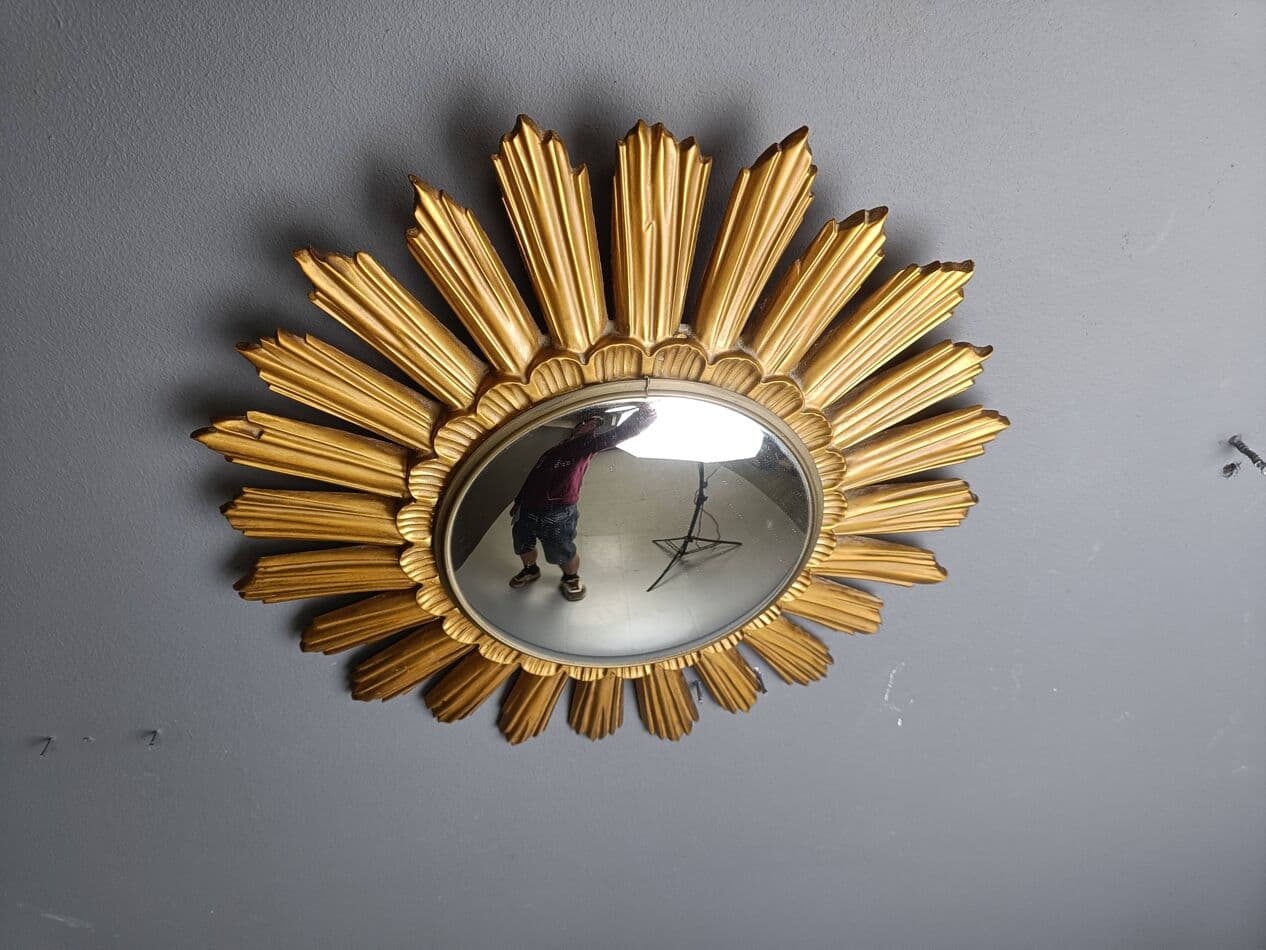Sunburst mirror, gold, glass, Belgium, 1960s. - 272584
