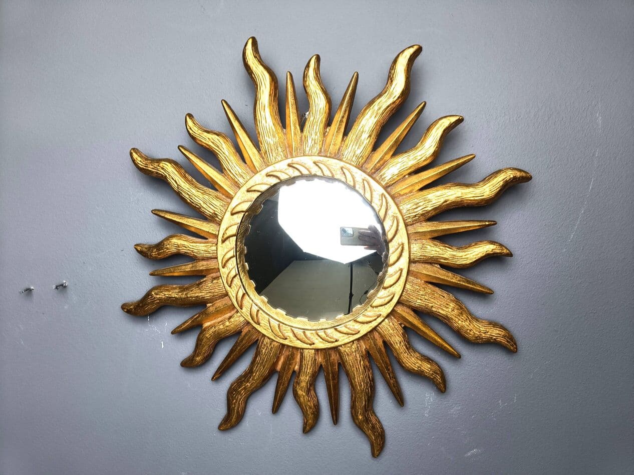 Lustro sunburst Ø43 cm, złoty, szkło, Belgia, lata 60. - 272571