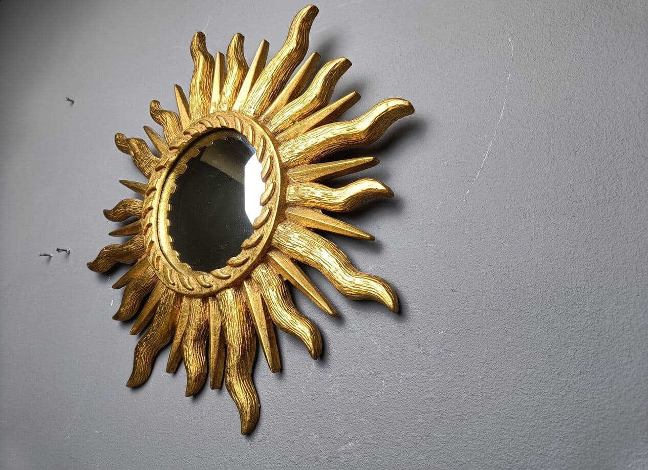 Lustro sunburst Ø43 cm, złoty, szkło, Belgia, lata 60. - 272566