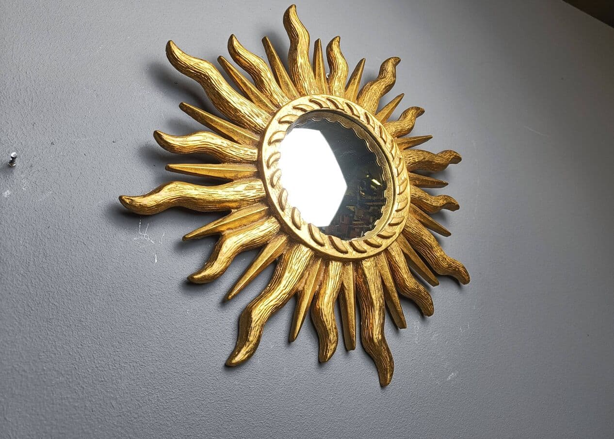 Lustro sunburst Ø43 cm, złoty, szkło, Belgia, lata 60. - 272573