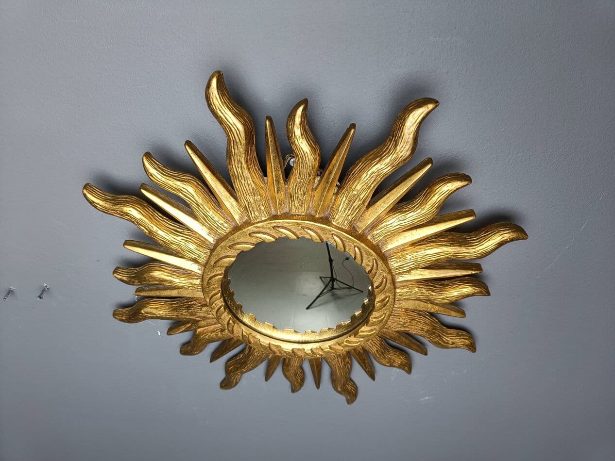 Lustro sunburst Ø43 cm, złoty, szkło, Belgia, lata 60. - 272572