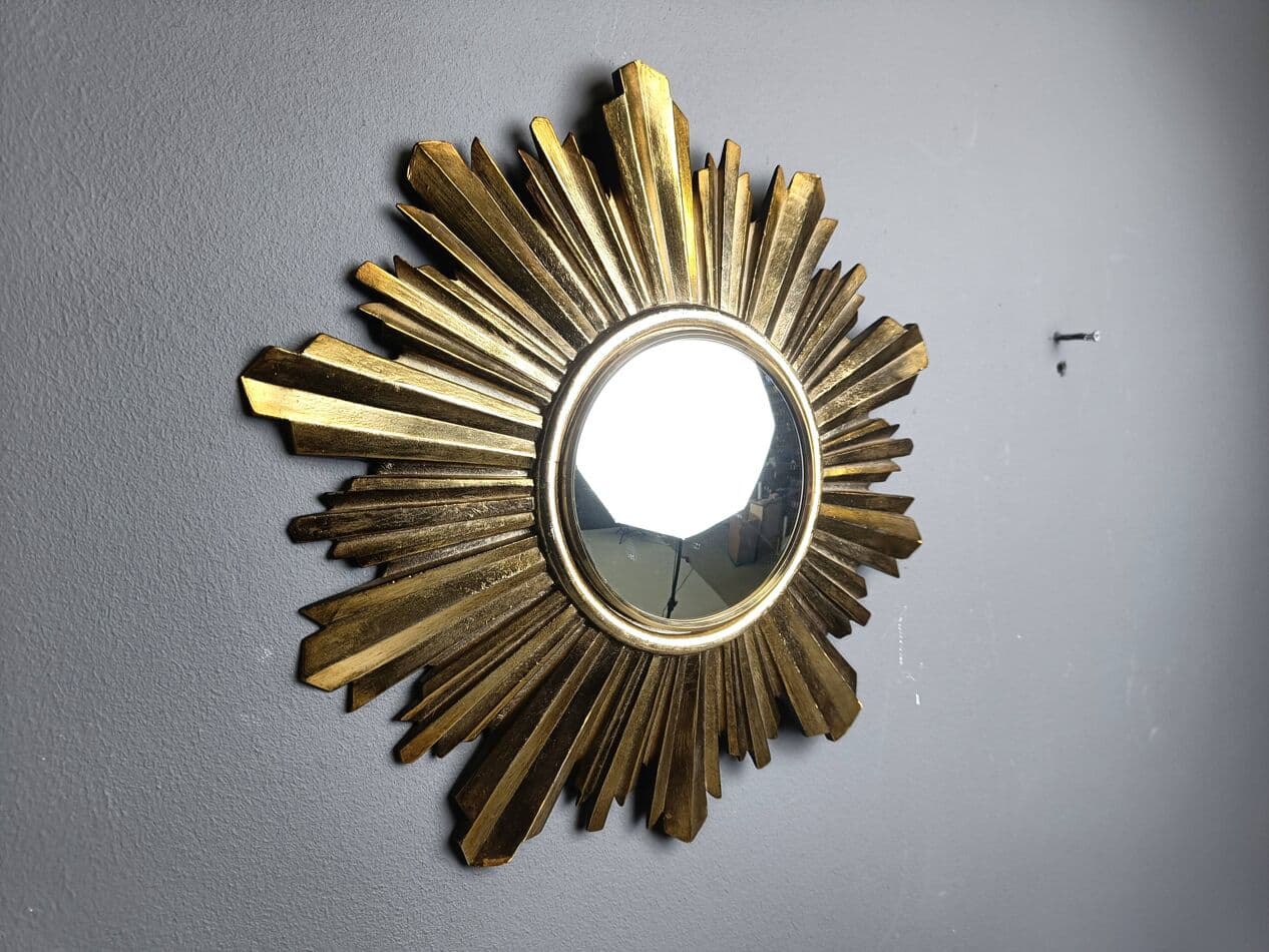 Sunburst mirror, gold, glass, Belgium, 1960s. - 272562