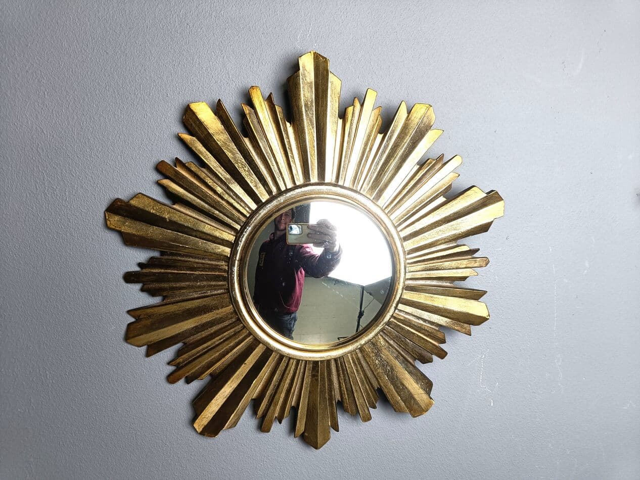 Sunburst mirror, gold, glass, Belgium, 1960s. - 272560