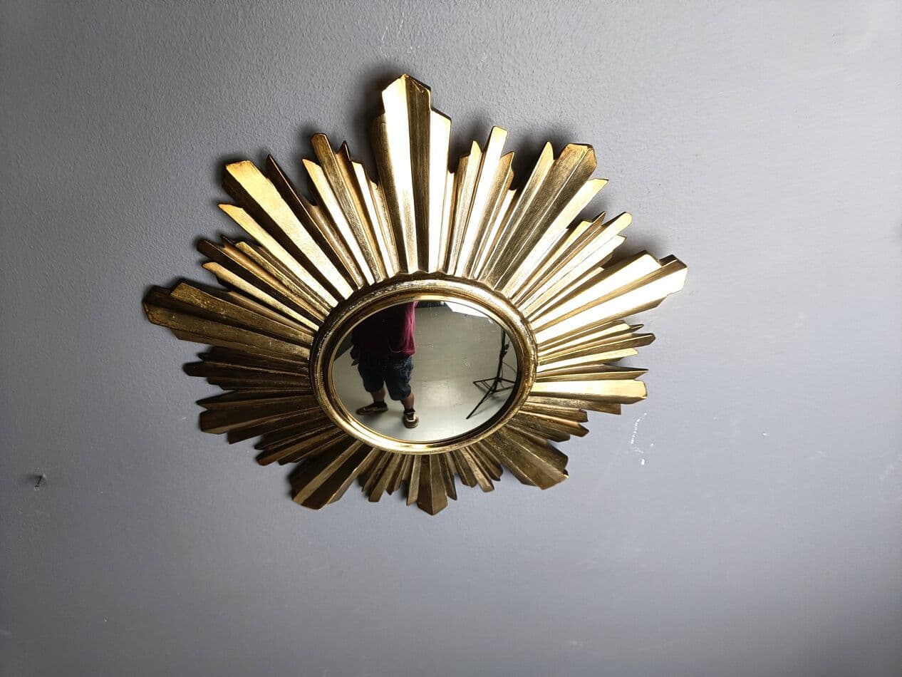 Sunburst mirror, gold, glass, Belgium, 1960s. - 272561