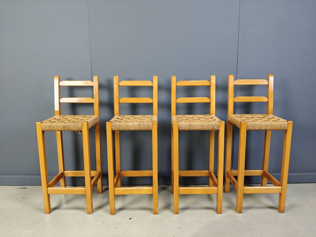 Zestaw czterech stołków barowych, dąb, papercord beżowy, Belgia, lata 60. - 272526