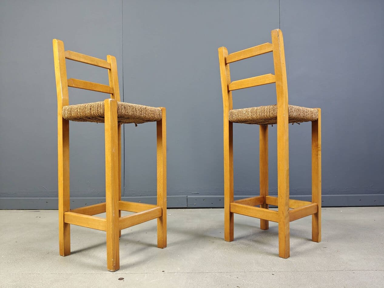 Zestaw czterech stołków barowych, dąb, papercord beżowy, Belgia, lata 60. - 272531