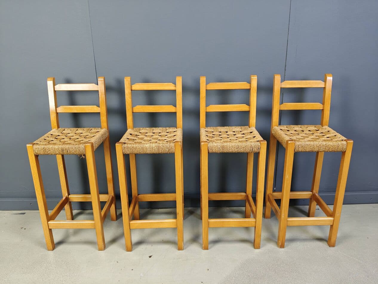 Zestaw czterech stołków barowych, dąb, papercord beżowy, Belgia, lata 60. - 272527