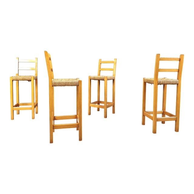 Zestaw czterech stołków barowych, dąb, papercord beżowy, Belgia, lata 60. - WYMIARY