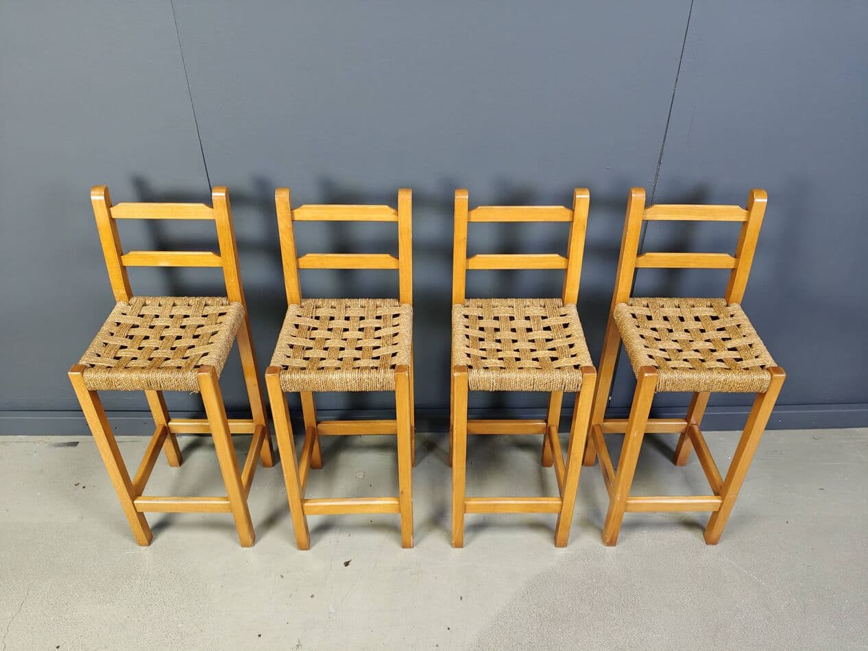 Zestaw czterech stołków barowych, dąb, papercord beżowy, Belgia, lata 60. - 272525