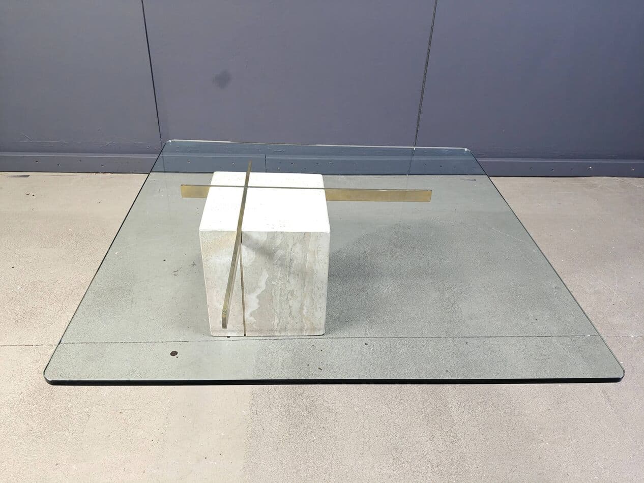 Coffee table, beige, travertine brass glass, Italy, 1980s. - 272514