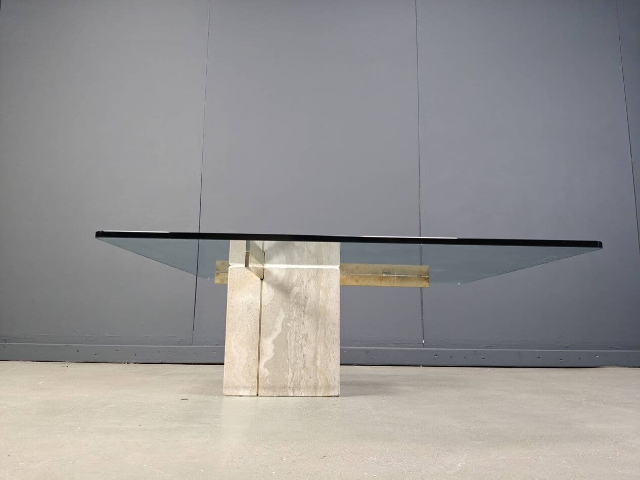 Coffee table, beige, travertine brass glass, Italy, 1980s. - 272523