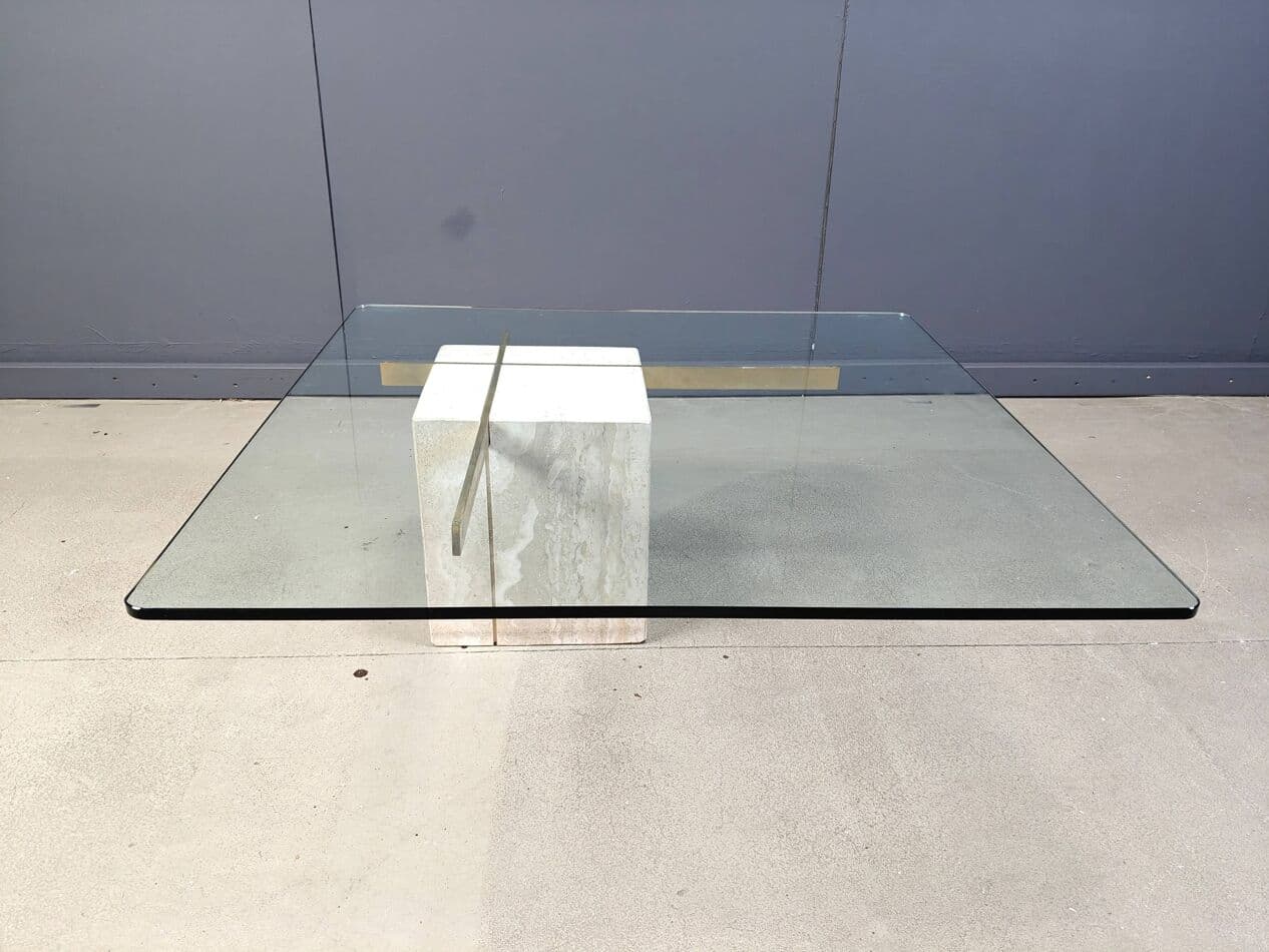 Coffee table, beige, travertine brass glass, Italy, 1980s. - 272513