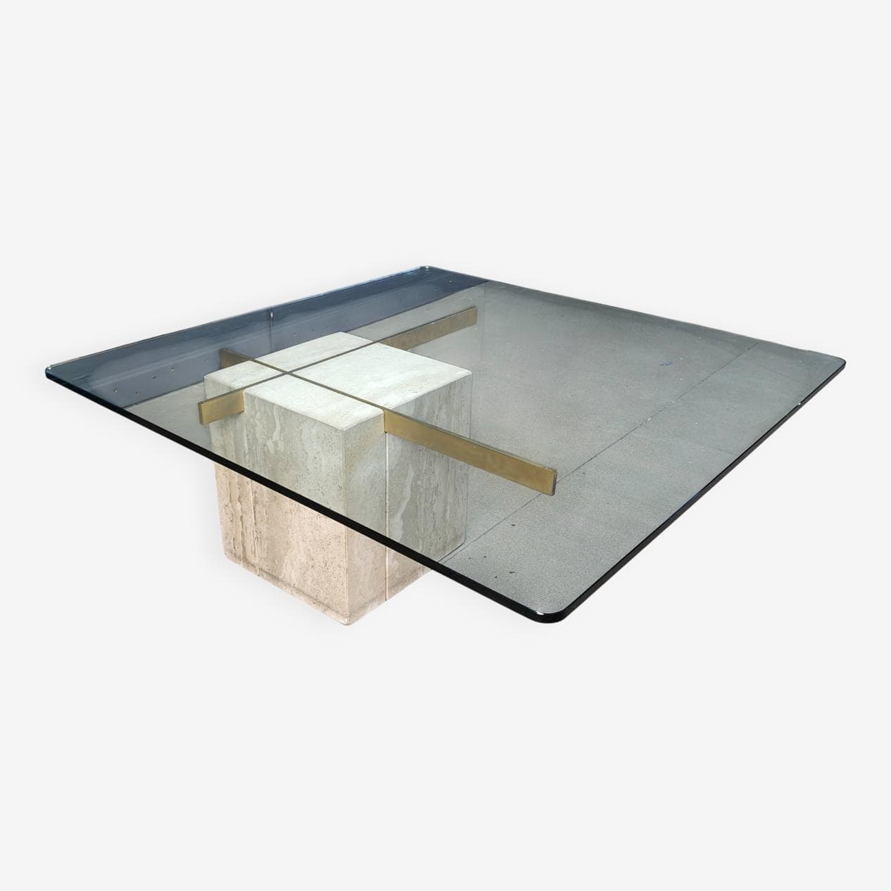 Coffee table, beige, travertine brass glass, Italy, 1980s. - 272515