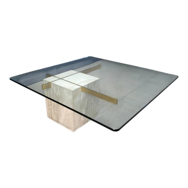 Coffee table, beige, travertine brass glass, Italy, 1980s. - DIMENSION
