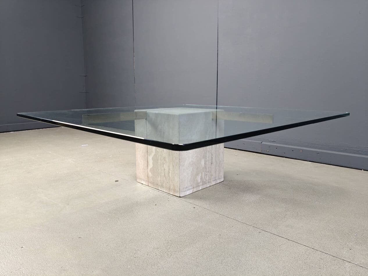 Coffee table, beige, travertine brass glass, Italy, 1980s. - 272517