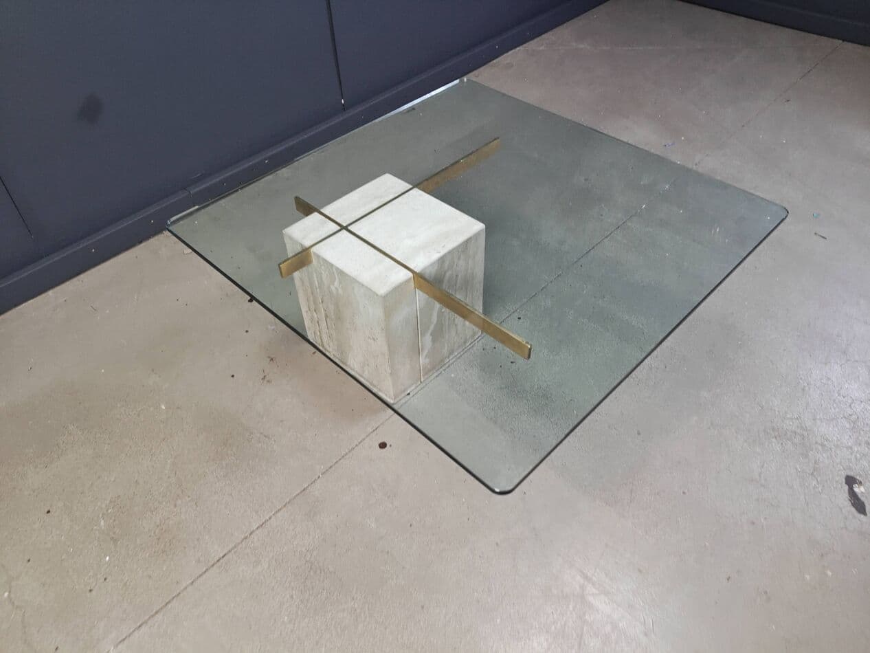 Coffee table, beige, travertine brass glass, Italy, 1980s. - 272522