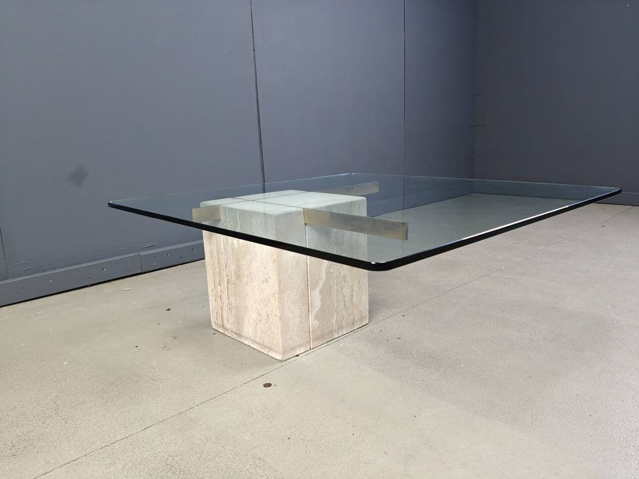Coffee table, beige, travertine brass glass, Italy, 1980s. - 272520