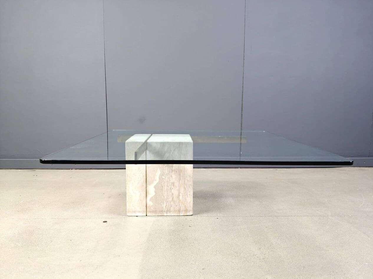 Coffee table, beige, travertine brass glass, Italy, 1980s. - 272512