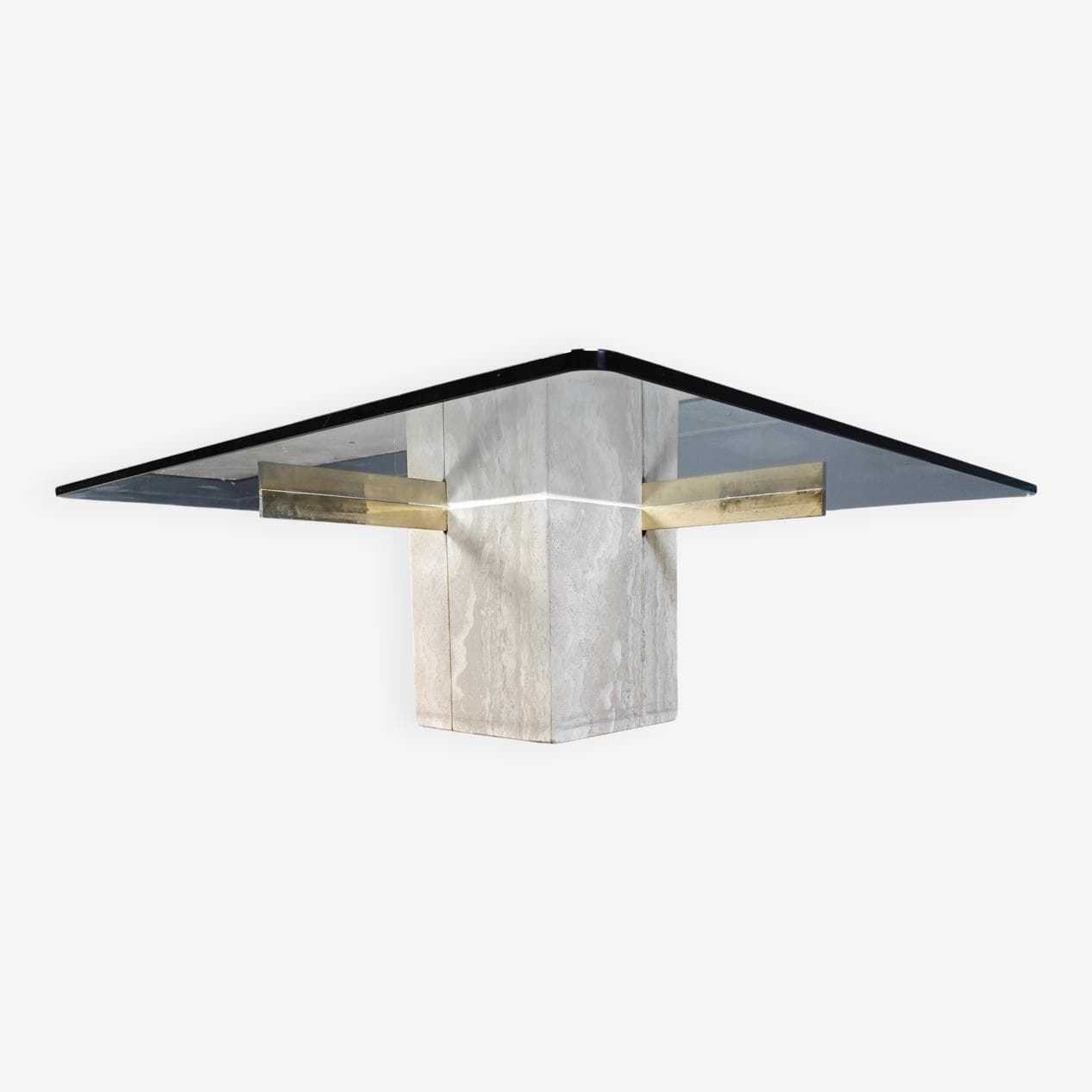 Coffee table, beige, travertine brass glass, Italy, 1980s. - 272510