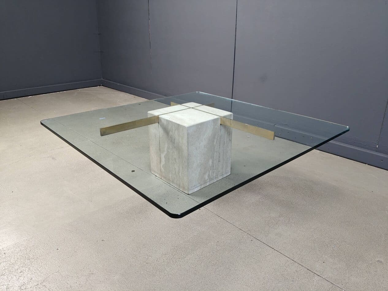 Coffee table, beige, travertine brass glass, Italy, 1980s. - 272518