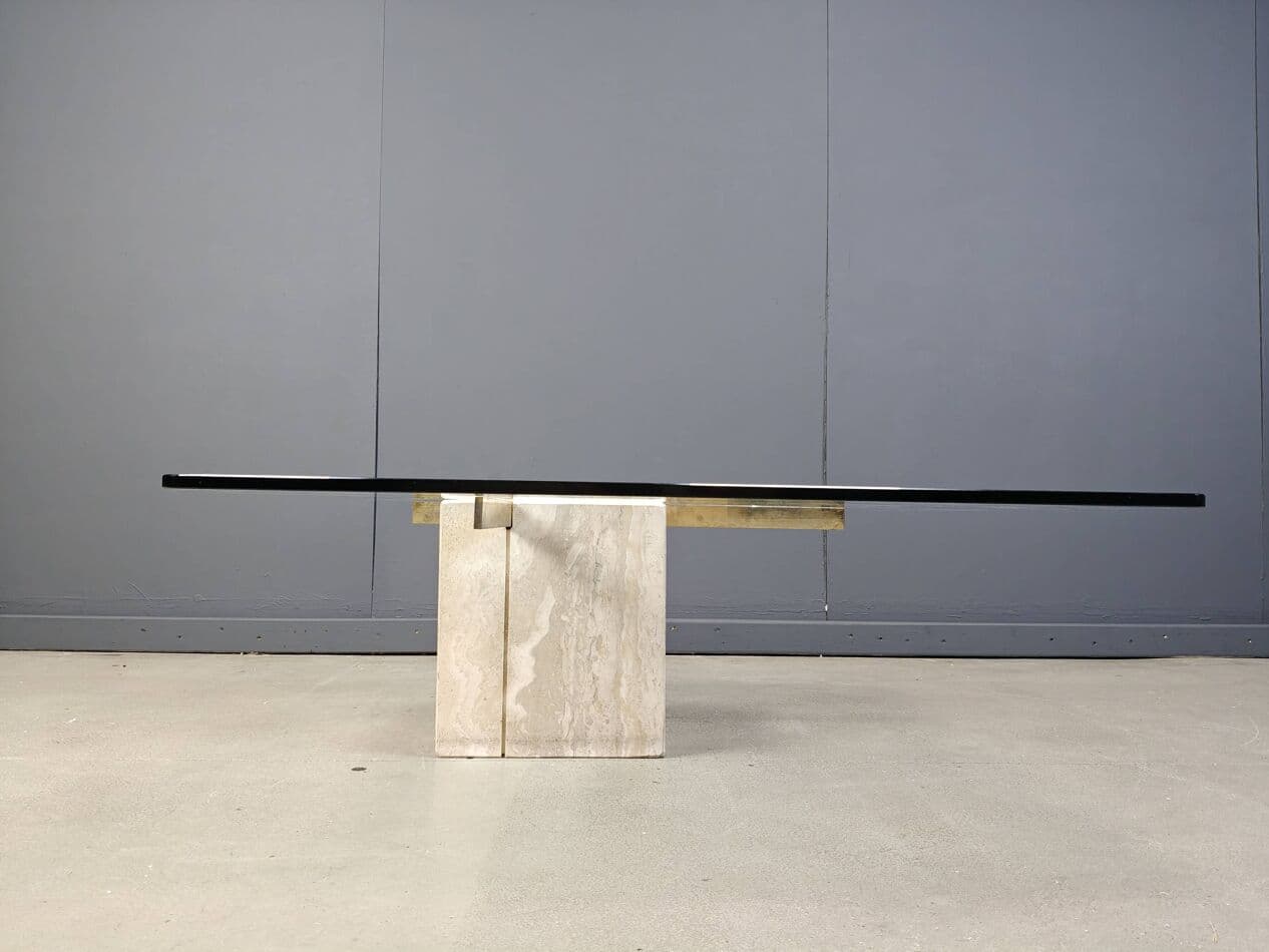 Coffee table, beige, travertine brass glass, Italy, 1980s. - 272511