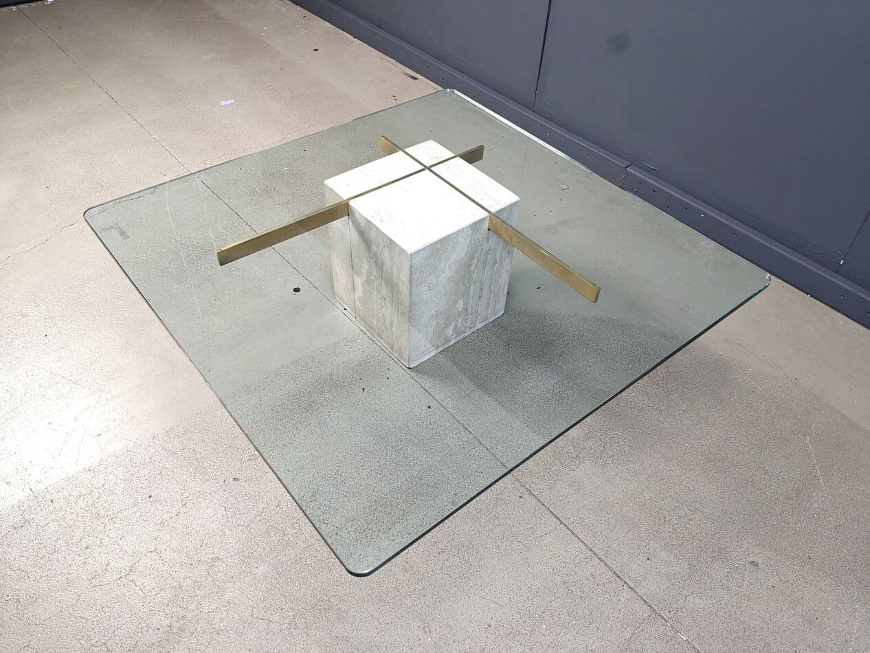 Coffee table, beige, travertine brass glass, Italy, 1980s. - 272519