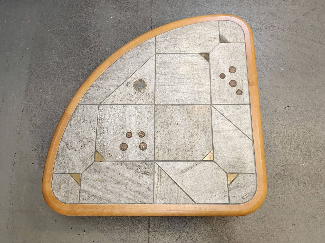 Triangular coffee table, beige, stone, wood, brass, copper, by P. Kingma, Germany, 1980s. - 272452