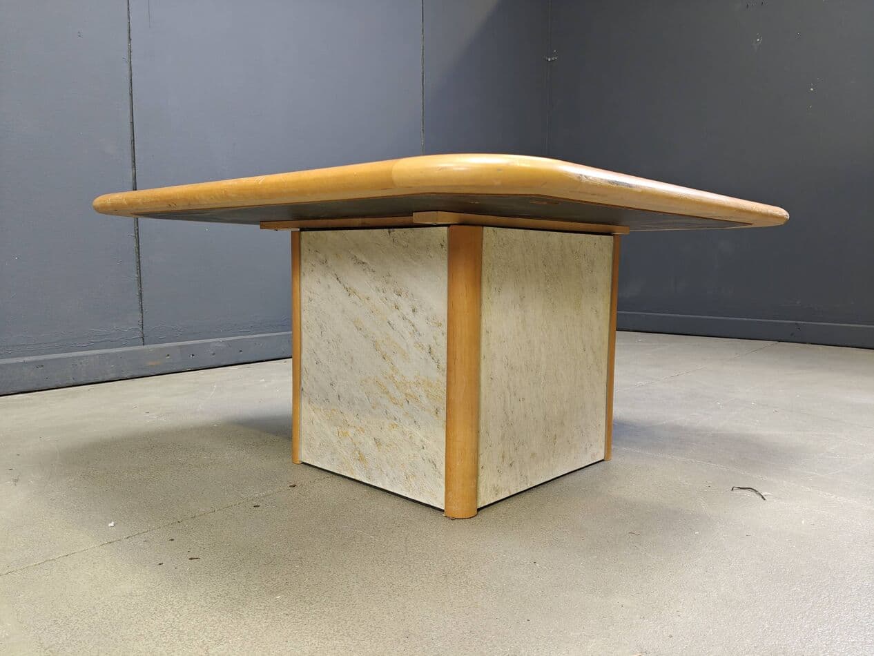 Triangular coffee table, beige, stone, wood, brass, copper, by P. Kingma, Germany, 1980s. - 272454