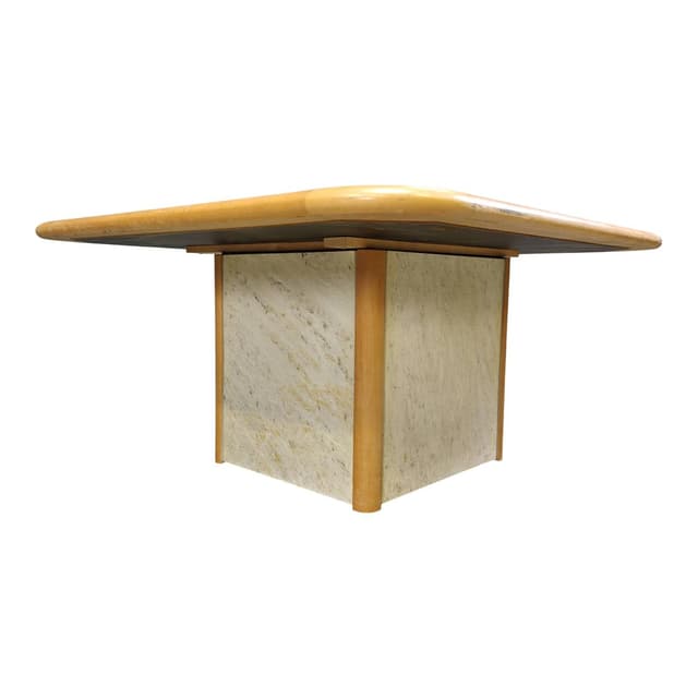 Triangular coffee table, beige, stone, wood, brass, copper, by P. Kingma, Germany, 1980s. - DIMENSION