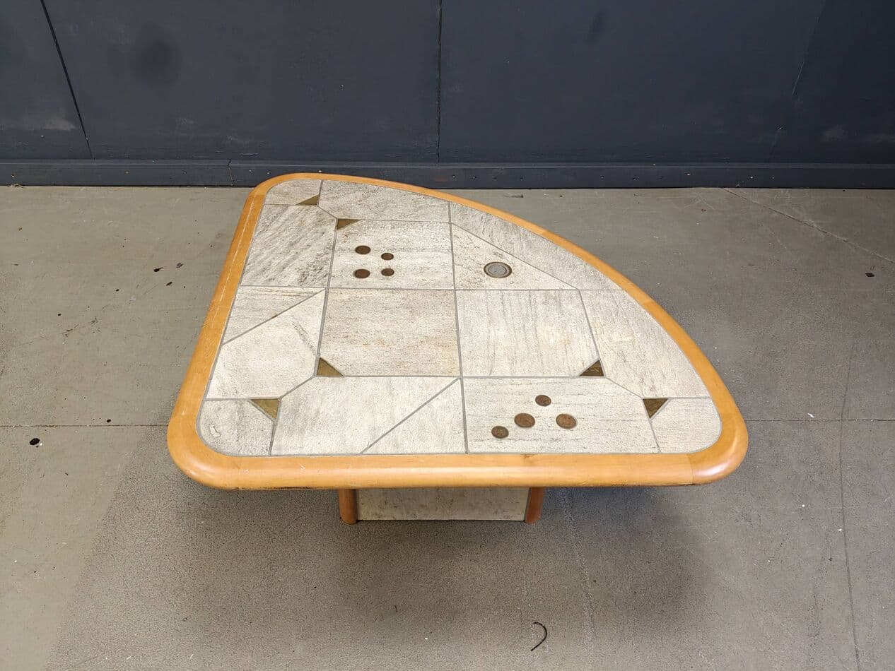 Triangular coffee table, beige, stone, wood, brass, copper, by P. Kingma, Germany, 1980s. - 272449