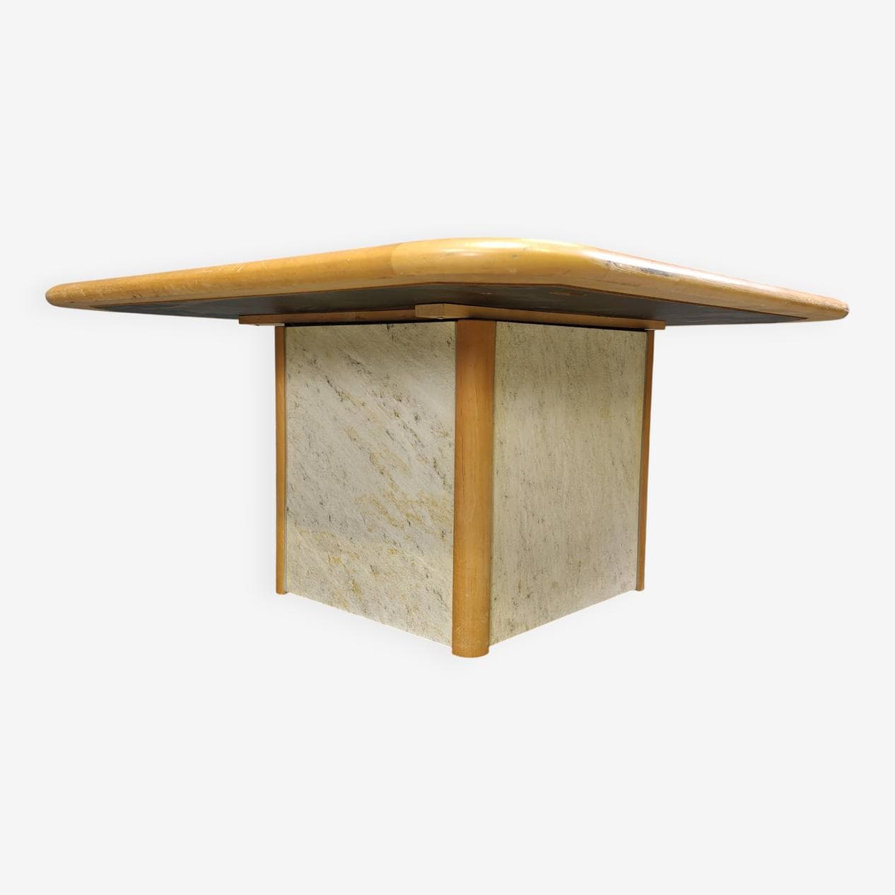 Triangular coffee table, beige, stone, wood, brass, copper, by P. Kingma, Germany, 1980s. - 272450