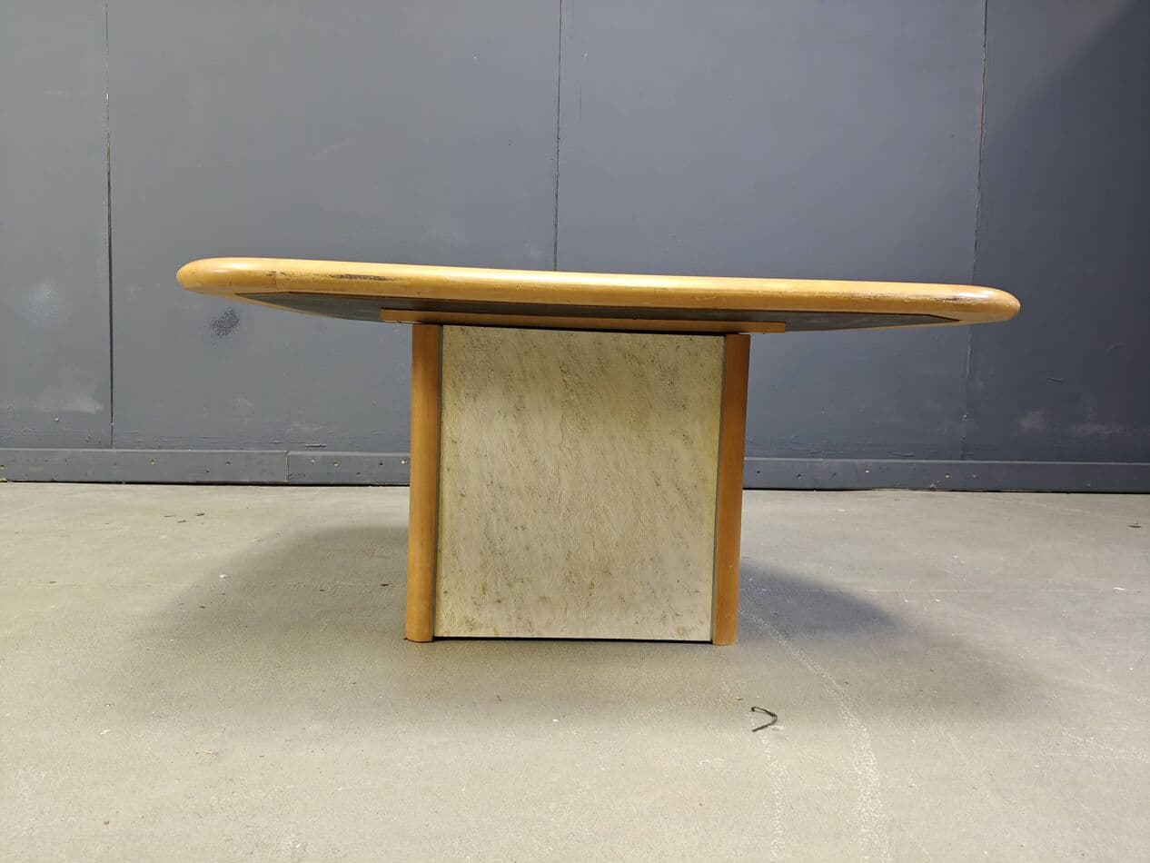 Triangular coffee table, beige, stone, wood, brass, copper, by P. Kingma, Germany, 1980s. - 272458