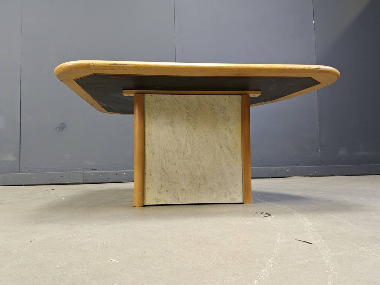 Triangular coffee table, beige, stone, wood, brass, copper, by P. Kingma, Germany, 1980s. - 272457