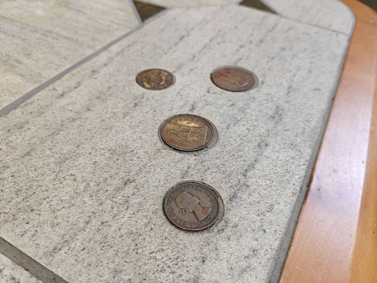 Triangular coffee table, beige, stone, wood, brass, copper, by P. Kingma, Germany, 1980s. - 272451