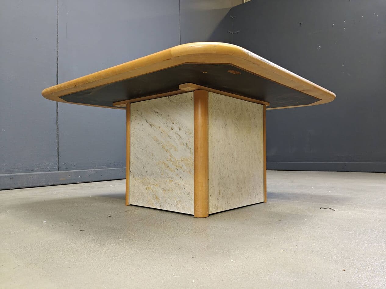 Triangular coffee table, beige, stone, wood, brass, copper, by P. Kingma, Germany, 1980s. - 272453