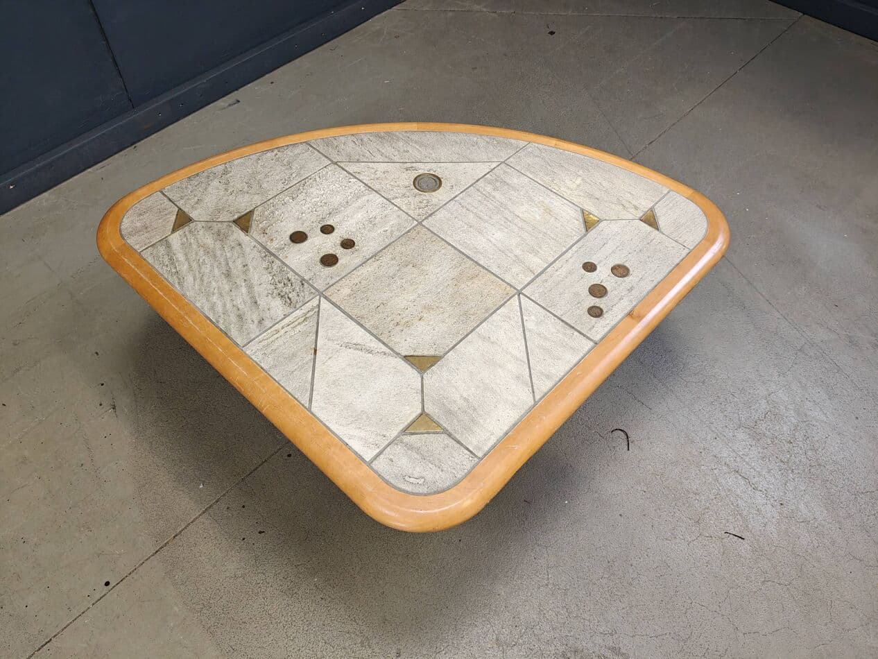 Triangular coffee table, beige, stone, wood, brass, copper, by P. Kingma, Germany, 1980s. - 272456