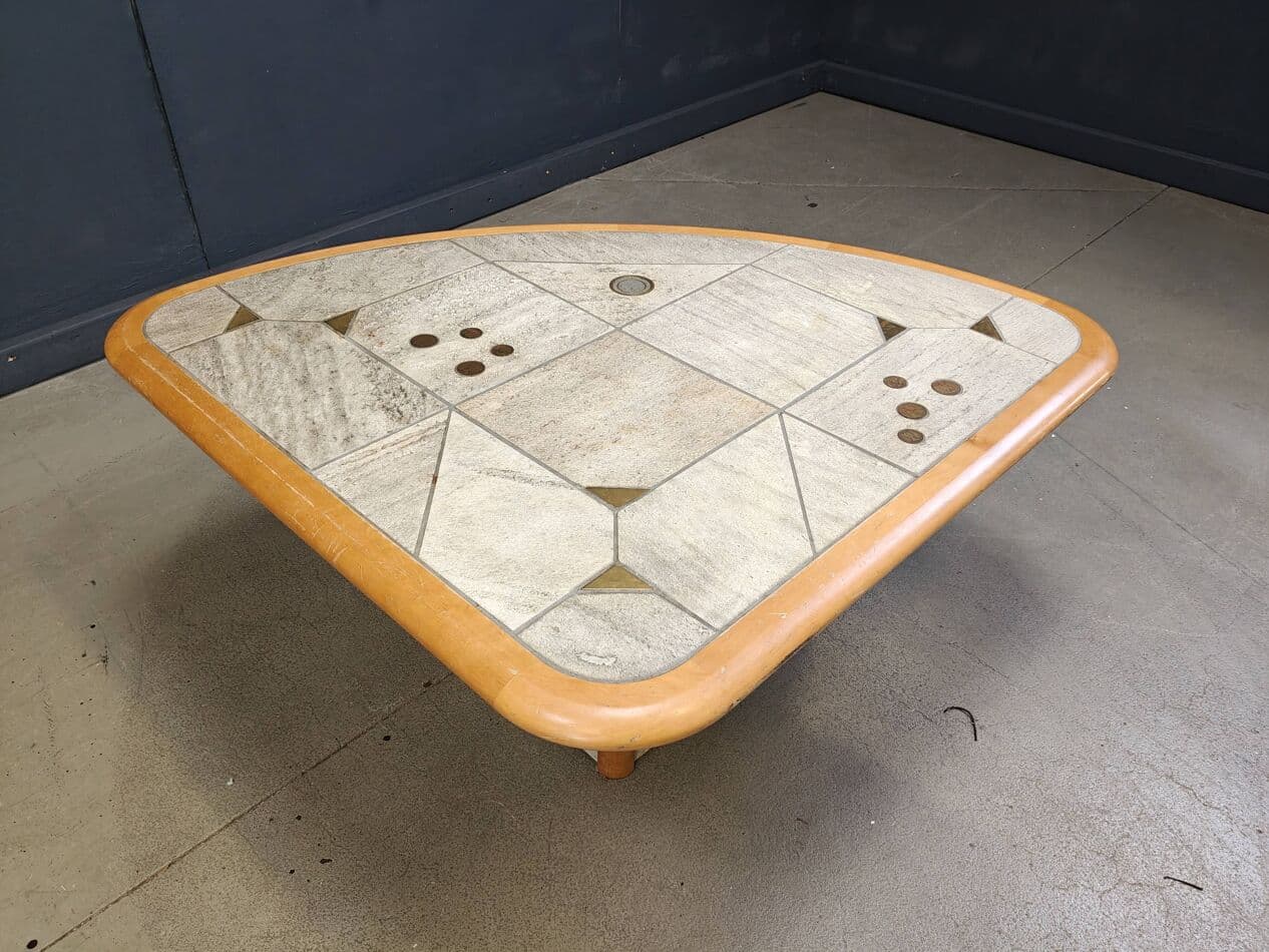 Triangular coffee table, beige, stone, wood, brass, copper, by P. Kingma, Germany, 1980s. - 272455