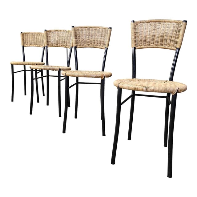 Set of Four Dining Chairs, beige rattan, black metal, Italy, 1980s. - DIMENSION