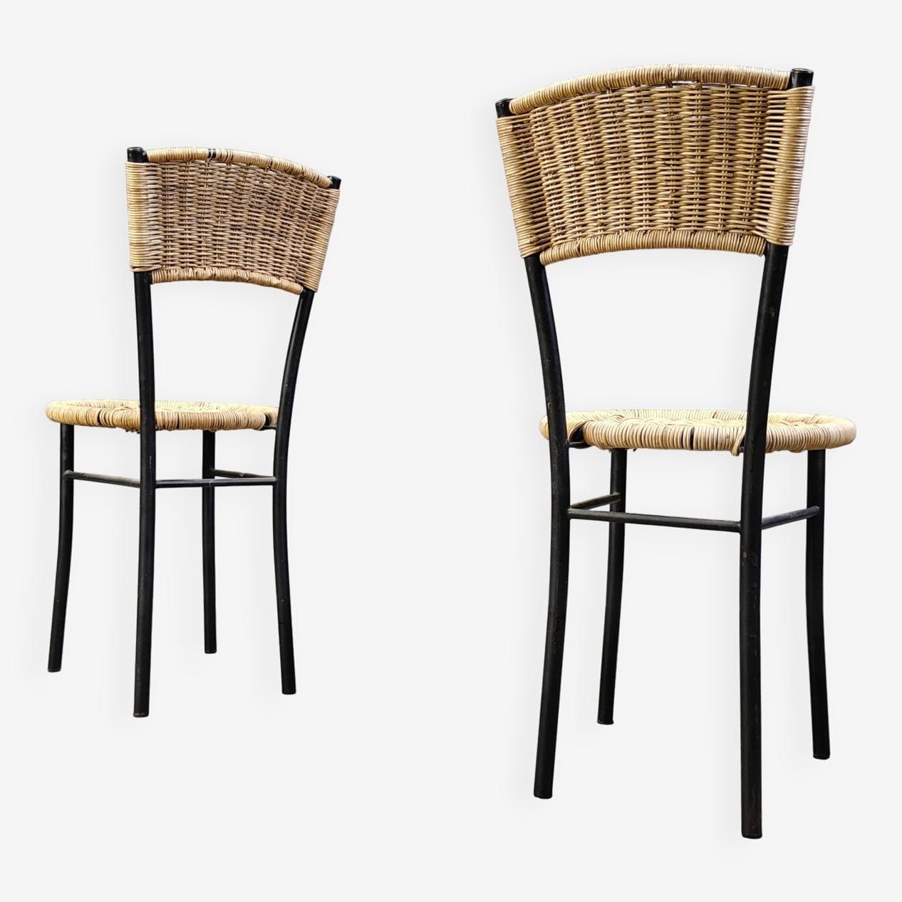 Set of Four Dining Chairs, beige rattan, black metal, Italy, 1980s. - 272380